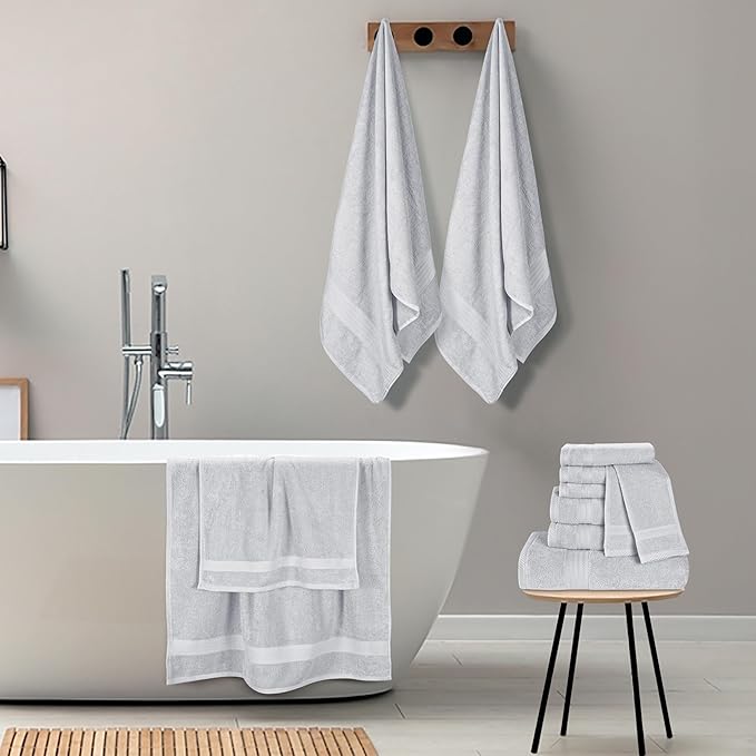 GLAMBURG Ultra Soft 24-Piece Towel Set - 100% Pure Ringspun Cotton, Contains 8 Oversized Bath Towels 27x54, 8 Hand Towels 16x28, 8 Wash Cloths 13x13 - Ideal for Everyday use, Hotel & Spa - Light Grey
