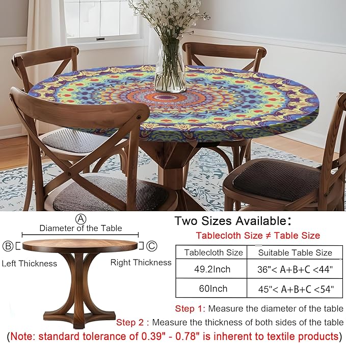 Fitted Mandala Round Tablecloth Waterproof Patio Table Cloths for 45-54" Tables Travel Vacation Camper Accessories Outdoor Road Trip Must Haves New Home Living Room House Decorations