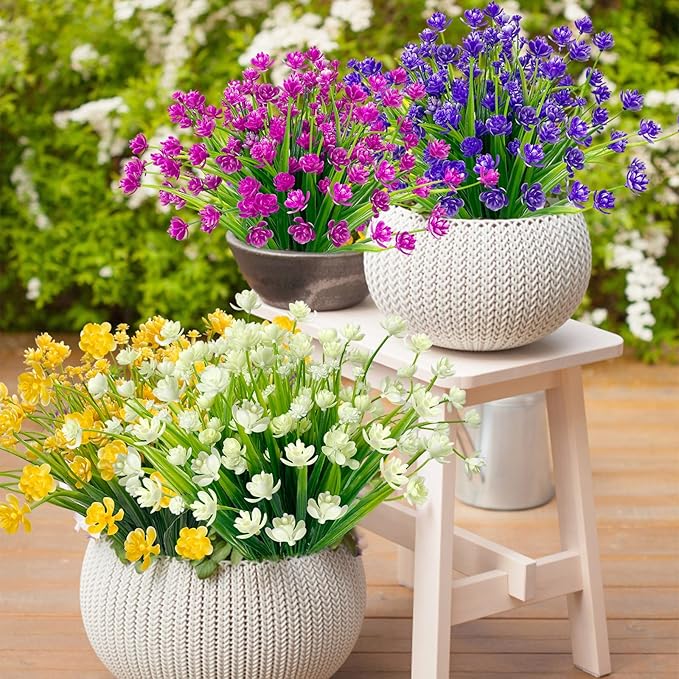 12 Bundles Artificial Flowers for Outdoors Summer Decor, Realistic UV Resistant Fake Plants Faux Plastic Flowers for Outside Planter Home Gardens Patio Porch Yards Spring Cemetery Decor(Purple)