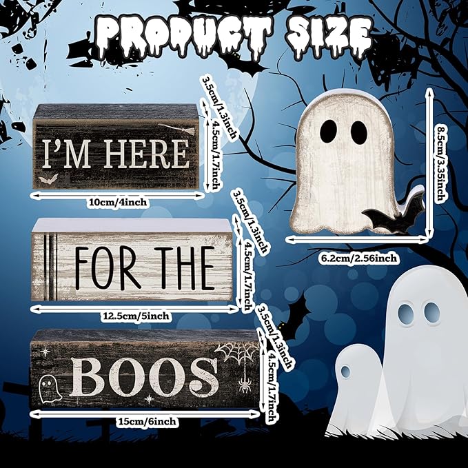 4 Pcs Halloween Table Decoration Wooden Ghost Tiered Tray Decor Rustic Wood Bat Ghost Block Signs Halloween Centerpiece Farmhouse for Home Tabletop Kitchen Shelf and Party Gift