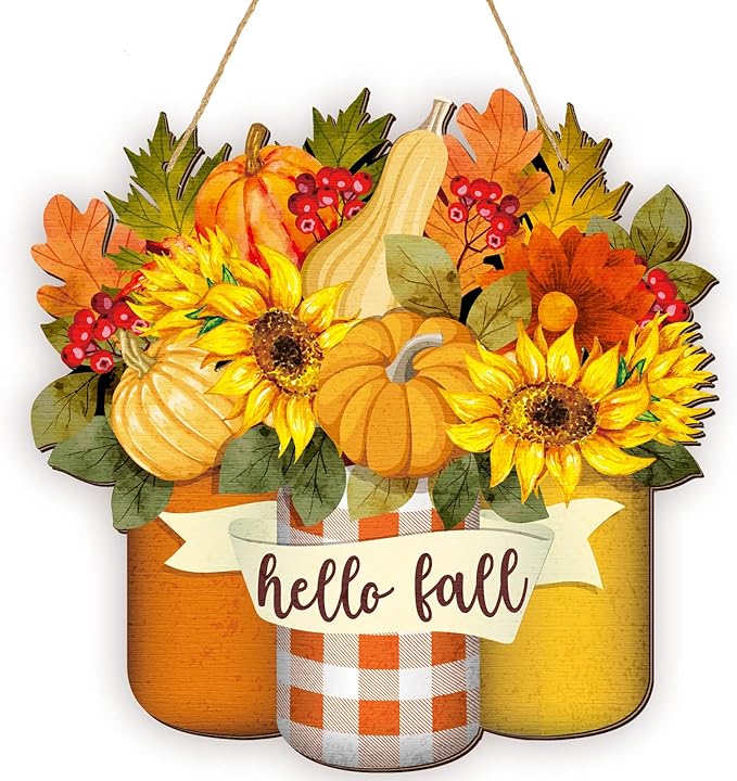 Spiareal Thanksgiving Welcome Sign Fall Wall Art Wood Autumn Maple Door Decor Sunflower Flowers Fall Front Wreath for Front Door Decoration (Maple Style)