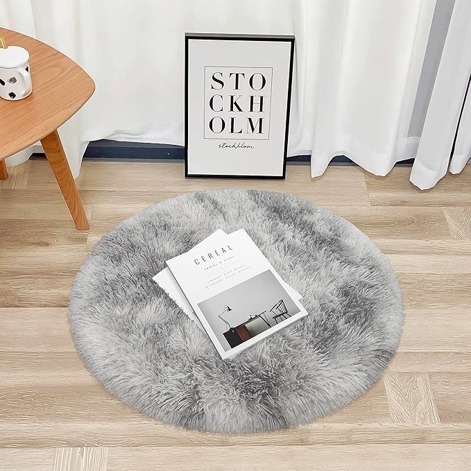 Tie Dye Grey Round Rugs Small 3x3 ft Fluffy Circle Rug Furry Carpet Shaggy Circular Fuzzy Plush Area Rug for Girls Bedroom Kids Room Living Room Nursery Cute Room Decor Pet mat Doormat