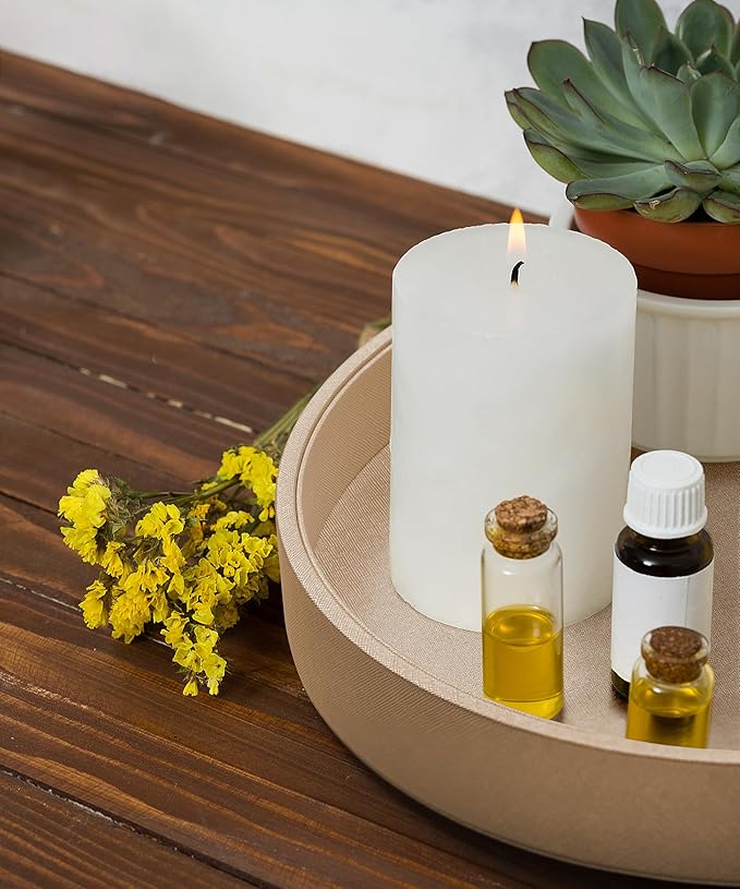 12.6 Inch Round Serving Tray, Home Decorative LeatherOttoman Wooden Decor Platter Bathroom Vanity Tray for All Occasions Anti Slip Khaki