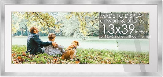 13x39 Frame Silver Wood with White Mat | 16x42 Frame Matted to 13x39 | Display Your Photo Under UV Acrylic Shatter Guard Front, with Foam Board Backing and Wall Hanging Hardware - Solid Wood Frame