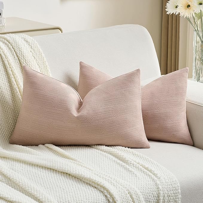 FUTEI Pink Chenille Decorative Throw Pillow Covers 12x20 Inch Set of 2,Soft Cozy Striped Geometric Patterns Lumbar Pillow Cases,Modern Home Decor for Couch Bed Living Room