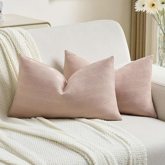 FUTEI Pink Chenille Decorative Throw Pillow Covers 12x20 Inch Set of 2,Soft Cozy Striped Geometric Patterns Lumbar Pillow Cases,Modern Home Decor for Couch Bed Living Room