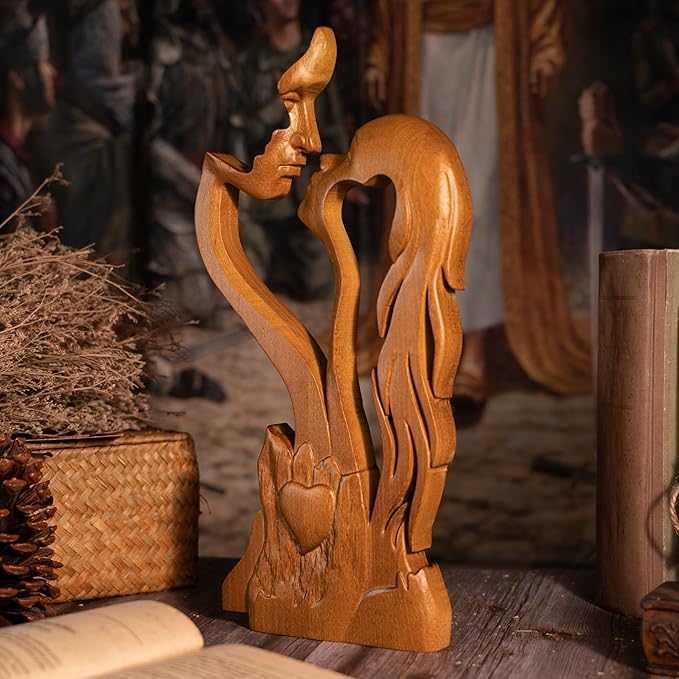 Wooden Kissing Couple Ornament, Abstract Couple Portrait Sculpture Romantic Love Statue Decor Gift for Women Anniversary Valentine Wedding - 14 Inch