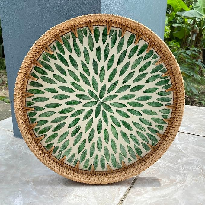 11.81" Round Rattan Mother Pearl Inlay Tray | Decorative Wooden Base for Fruit Serving, Coffee Table, Storage and Display Organizer (Green Leaf 13.8)