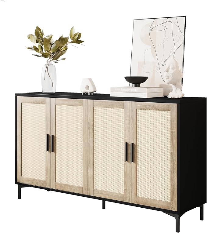 Sideboard - Buffet Cabinet with Storage, Rattan Kitchen Buffet Cabinet Accent Sideboard Cabinets with Doors, Coffee Bar Cabinets Rattan Sideboards for Living Room, Entryway, Black