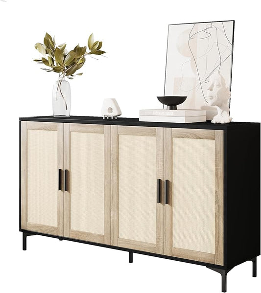 Sideboard - Buffet Cabinet with Storage, Rattan Kitchen Buffet Cabinet Accent Sideboard Cabinets with Doors, Coffee Bar Cabinets Rattan Sideboards for Living Room, Entryway, Black