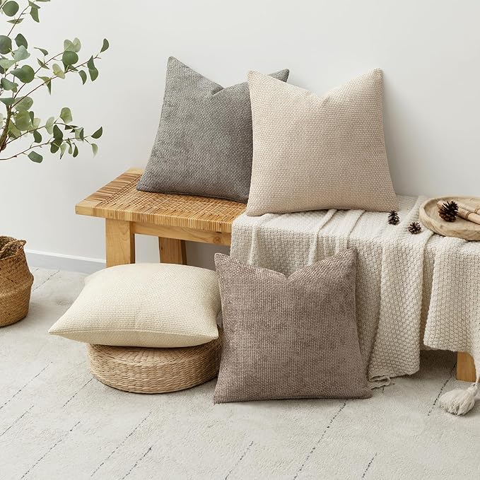 MIULEE Pack of 4 Couch Throw Pillow Covers 16x16 Inch Neutral Beige/Brown Soft Decorative Chenille Pillow Covers Farmhouse Accent Cushion Covers for Boho Home Decor Sofa Bedroom Living Room