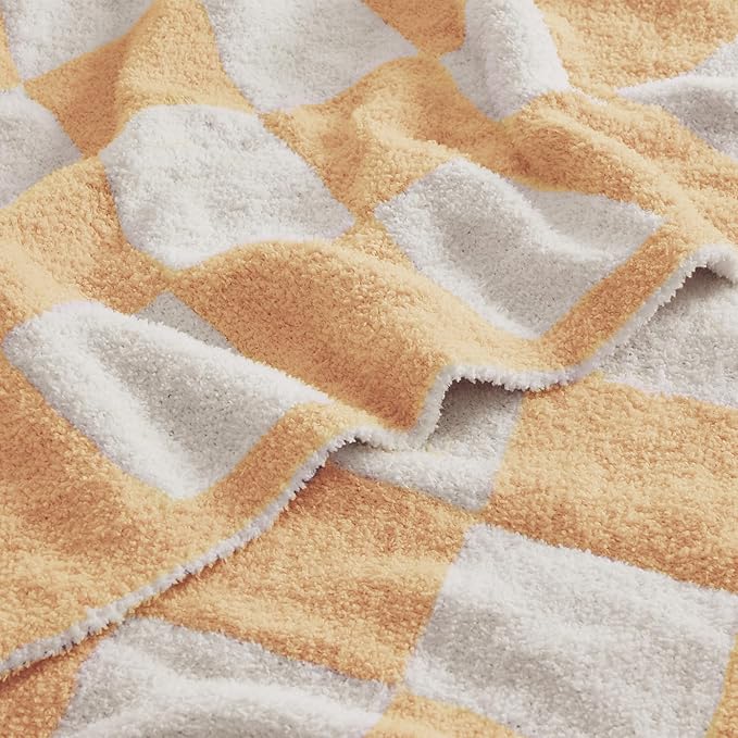 JOOJA Soft Cozy Checkerboard Peach Blanket Fluffy Knit Throw for Couch Plaid Checkered 60x80 in