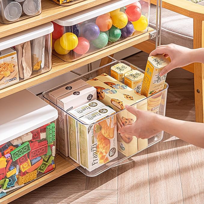 Clear plastic storage bins with LIDS-3packs,storage containers for snacks, cosmetics, books, dog food, Storage Organizer for Nursery，Kitchen, Living room,Bedroom, Bathroom, Office (Clear-White Lid)