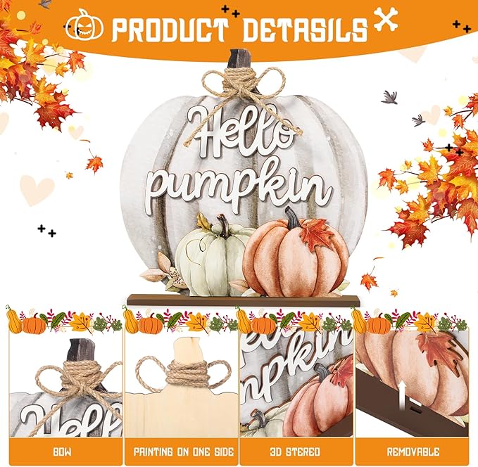 Soaoo Fall Decoration Wooden Fall Hello Pumpkin Sign Autumn Pumpkin Table Decor 11 Inch Wooden Autumn Desktop Ornament for Farmhouse Home Living Room Harvest Day Thanksgiving Decor(Grey,Cute)