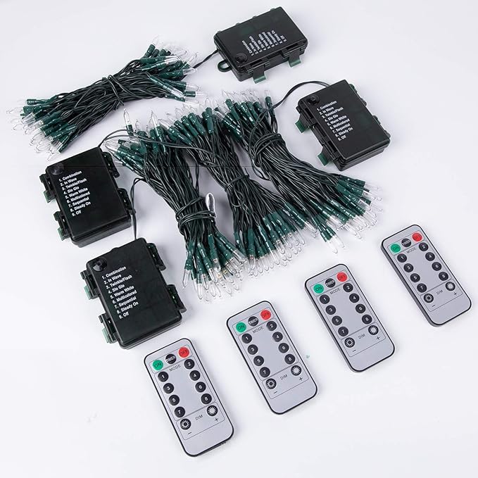 Christmas Mini String Lights Outdoor 4 Pack 17.7 Feet 50 Led 8 Modes Battery Operated Fairy Lights with Timer for Xmas Tree Indoor Holiday Party Decor, Warm White + Multicolored