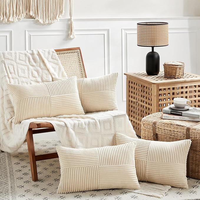 Fancy Homi 4 Packs Tan Lumbar Decorative Throw Pillow Covers 12x20 Inch for Living Room Couch Bed Sofa, Boho Home Decor, Soft Striped Corduroy Rectangle Accent Beige Cushion Case 30x50 cm