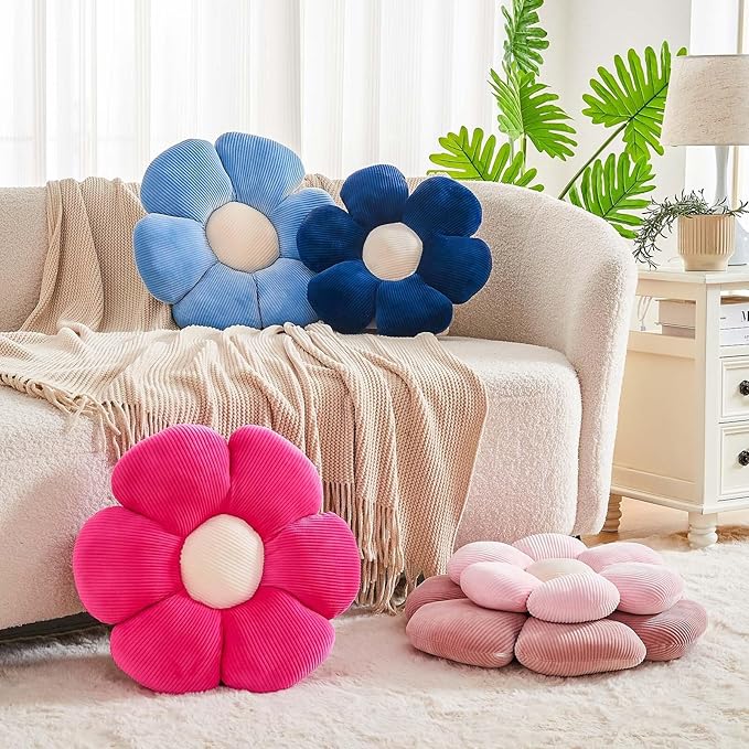 Hot Pink Flower Pillow, 14.9" Cute Flower Shaped Floor Pillow, Aesthetic Floral Plush Daisy Decorative Throw Pillows for Bed Sofa Couch