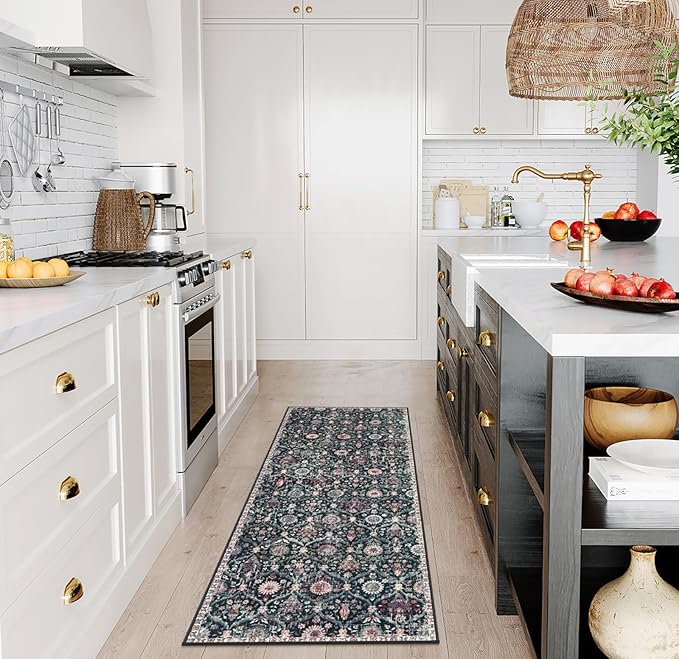 Lahome Moroccan Trellis Kitchen Runner, 2x5 Rug Runners for Hallways Non Slip Laundry Room Rug, Ultra-Thin Washable Vintage Carpet for Bedroom Bathroom, Black/Multi