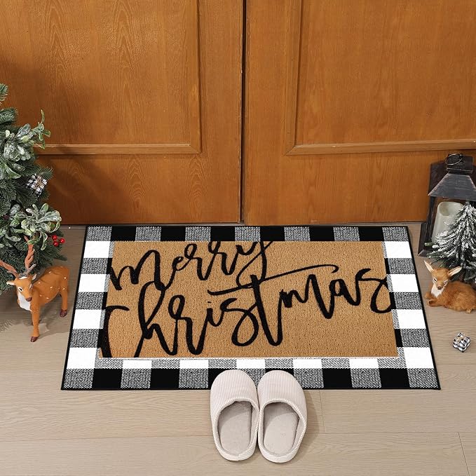 2 Pcs Merry Christmas Door Mat Xmas Welcome Non Slip Coir Mats Black White Buffalo Plaid Floor Layering Doormats Seasonal for Front Porch Entryway Decor(Merry Christmas)