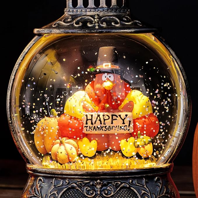 Fall Decor Turkeys Snow Globe Lantern, Thanksgiving Decoration Indoor Tabletop Centerpiece, Swirling Glitter Pumpkins Snow Globe with Turkey, Harvest Day Gifts, Home Fall Halloween Decor
