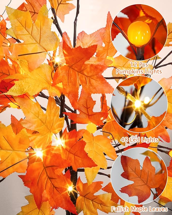 4FT Fall Lighted Maple Trees with 48 LEDs Lights 12 Pumpkins Fake Fall Light Up Tree Artificial Autumn Maple Trees for Indoor Outdoor Thanksgiving Fall Decor