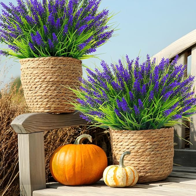 44 Pcs Artificial Outdoor Flowers Lavender Fake Greenery Plants UV Resistant Grass with Purple Flowers for Pot Decor for Window Garden Patio Hanging Planter Pathway Front Porch (44, Purple)