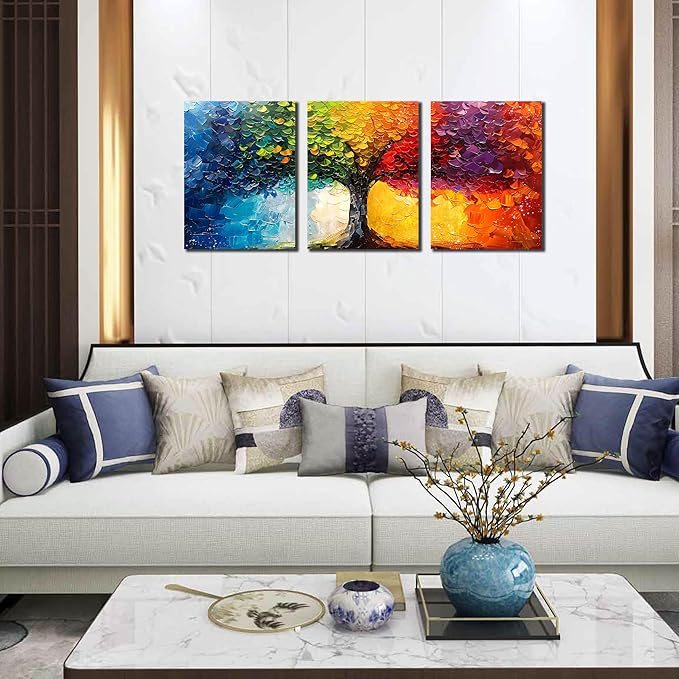 Tree Pictures Wall Art for Living Room - Modern Wall Decor for Office Women - Colorful Wall Decor for Bedroom Size 12" x 16" x 3 Pieces
