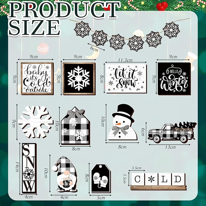 17 Pcs Christmas Tiered Tray Decor Set Winter Tiered Tray Decorations Farmhouse Tabletop Centerpiece Christmas Wooden 3D Sign for Xmas Home Buffalo Plaid Rustic Table Decoration(Cool)