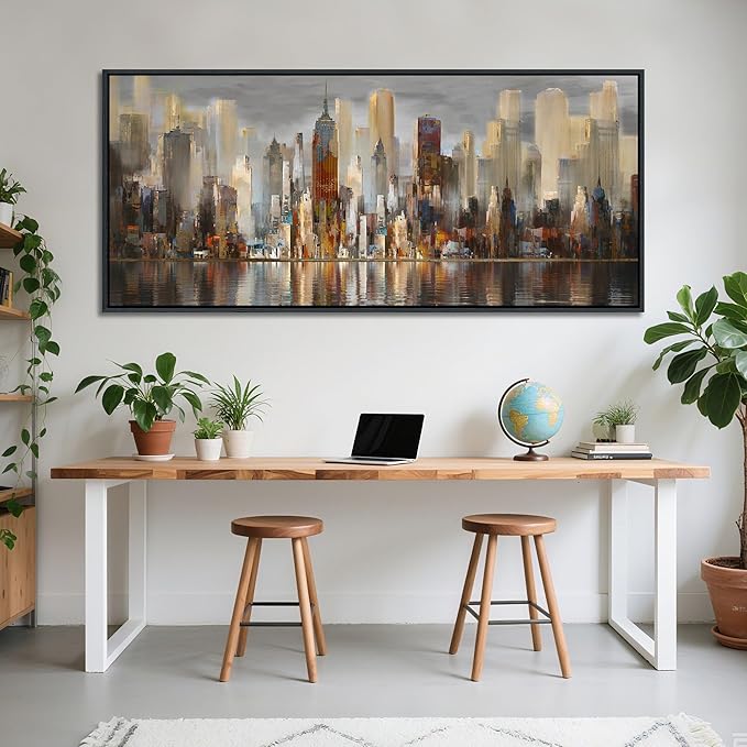 Framed Large Cityscape New York Wall Art Canvas Prints Abstract Brown City Theme Paintings Modern Canvas Wall Art for Living Room Pictures Wall Decor Bedroom Big Size 40x87