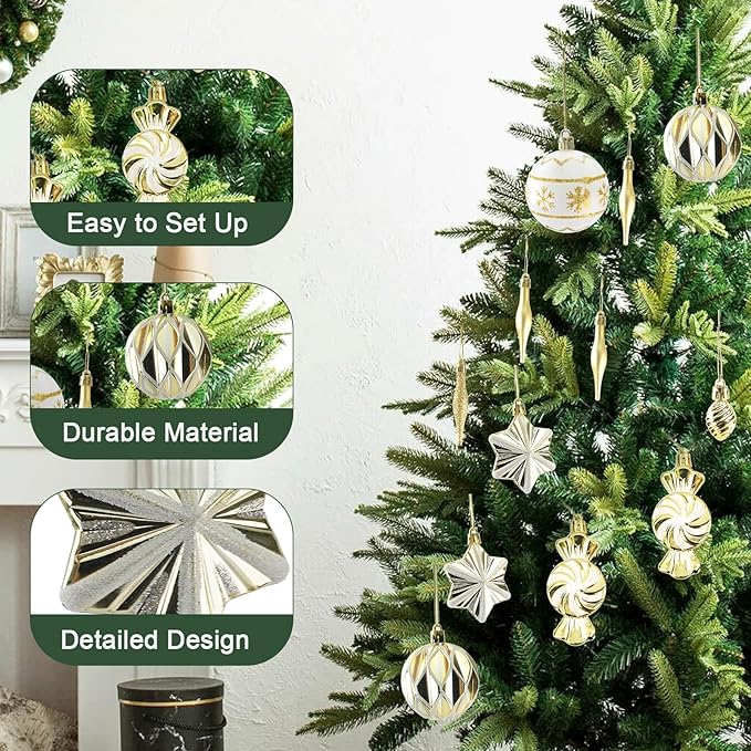 73 Pcs Christmas Ball Ornaments, Gold White Plastic Hanging Ornaments for Christmas Tree, Wreaths & Outdoor Displays