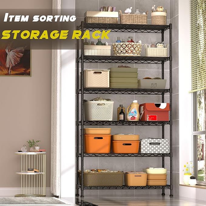 GIOTORENT 6-Wire Garage Shelving Storage Shelves, Metal Shelf Organizer 2100Lbs Capacity, Kitchen Storage Adjustable Shelf for Laundry Bathroom Pantry Closet, Black 36.2''W x 14''D x 72.4''H