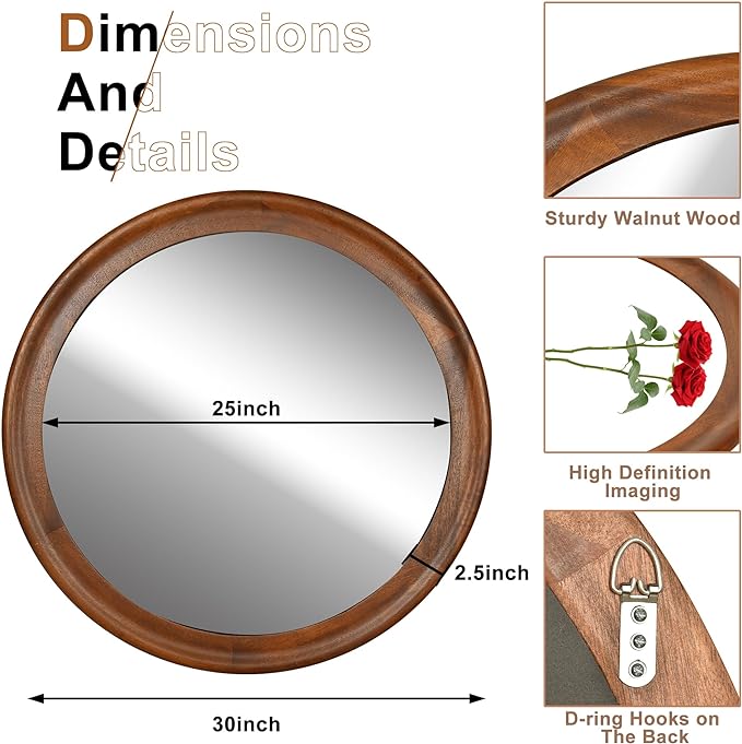 Round Wood Mirrors 30 Inch,Rustic Decorative Transitional Wall Mirror with Walnut Frame for Bathroom,Farmhouse Hanging Vanity Mirror for Entryway Living Room or Bedroom