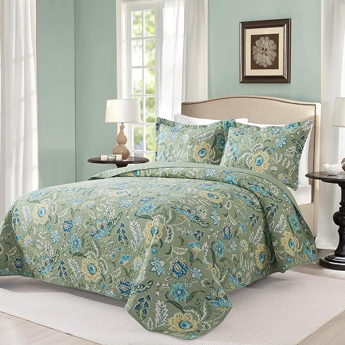 VAPUTAR King Quilt Bedding Set - Cotton Bedspreads King Size (98 x 106 inch) with Floral Pattern, Farmhouse Lightweight King Size Quilt Suitable for All Season（3 Pieces, Olive Green）