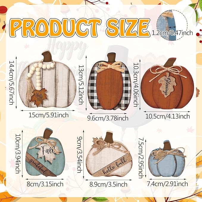 6 Pcs Fall Decorations Modern Rustic Pumpkin Wooden Sign Autumn Farmhouse Pumpkin Block Table Centerpiece Grateful Blessing Tiered Tray Decor for Fall Thanksgiving Home Office Desk Decor