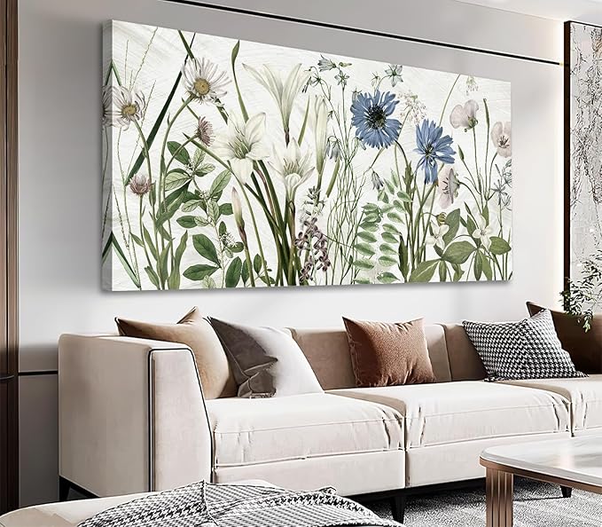 NINEASO Botanical Canvas Wall Art - Wildflower Pictures Floral Wall Decor Nature Prints Green Blue Flower Plants Painting Artwork for Living Room Bedroom Home Office Decorations 24" x 48"