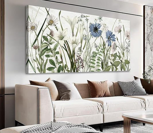 NINEASO Botanical Canvas Wall Art - Wildflower Pictures Floral Wall Decor Nature Prints Green Blue Flower Plants Painting Artwork for Living Room Bedroom Home Office Decorations 20" x 40"