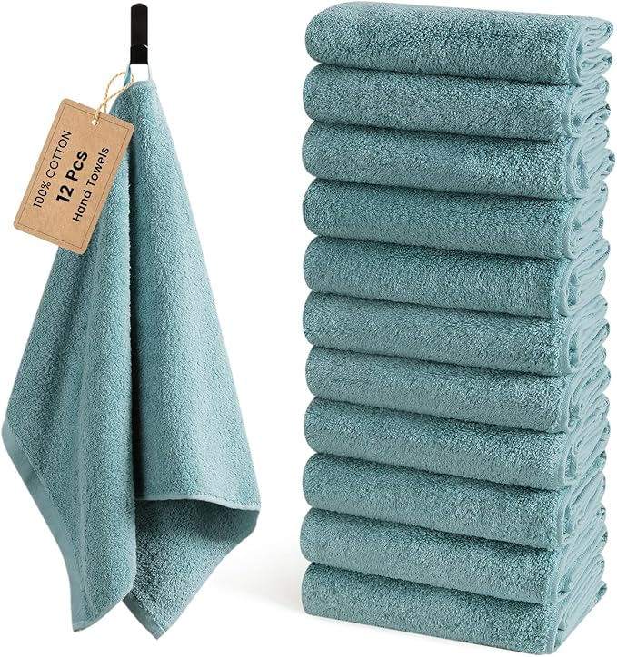 SEMAXE 12 Pack Hand Towels for Bathroom, 100% Cotton Towels with Hanging Loops, Soft and Highly Absorbent, Hand Towel Set for Gym, Shower, Hotel, Spa and Kitchen, Blue