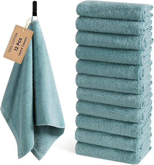 SEMAXE 12 Pack Hand Towels for Bathroom, 100% Cotton Towels with Hanging Loops, Soft and Highly Absorbent, Hand Towel Set for Gym, Shower, Hotel, Spa and Kitchen, Blue