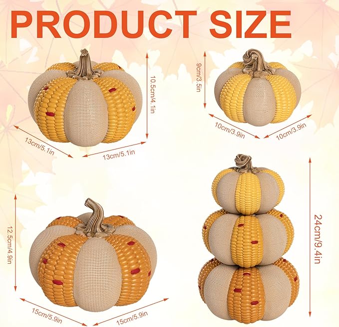 Set of 3 Decorative Corn Pumpkins, Fall Resin Stackable Pumpkins for Decorating, Thanksgiving Harvest Autumn Seasonal Outdoor Porch Decor, Indoor Table Centerpiece Mantel Home Decorations