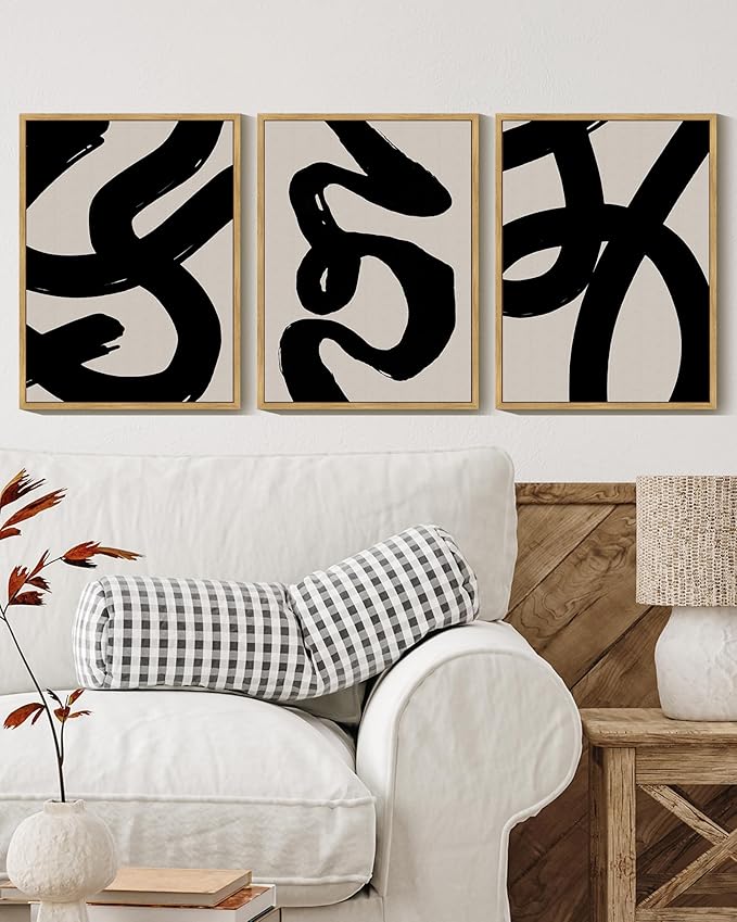 KUVIOKE Black Abstract Framed Wall Art Ink Wash Minimalist Lines Painting Artwork for Bedroom Living Room Hallway Decor Ready to Hang 11x14in (Natural Framed)