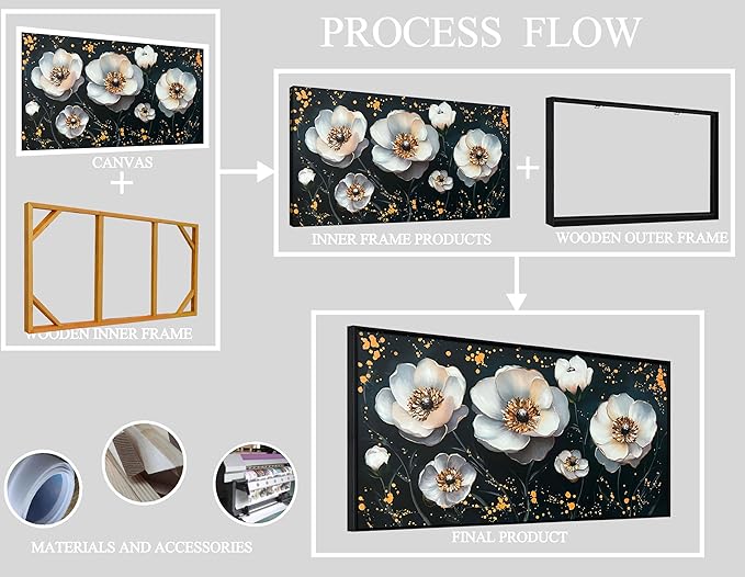 CIRABKY Gold and White Flower Hand Painted Wall Art for Bedroom - Black and White Art Pictures for Wall in Living Room - Big Picture Frames for Wall Size 29" x 59"