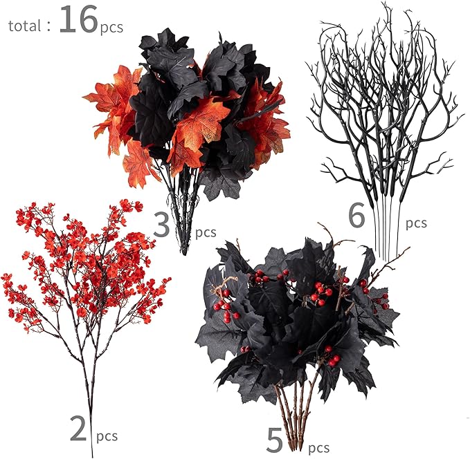 16pcs Fake Plants Outdoor, Halloween Maple Leaves Branch, Autumn Artificial Plants with Black Maple Leaves, Faux Leaves Spray for Halloween Thanksgiving Home Deocr