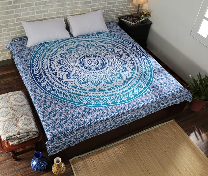 RAJRANG Extra Large Mandala Tapestry for Bedroom and Living Room Wall Hanging Cotton Tapestries Blue Ombre 90x108 Inch
