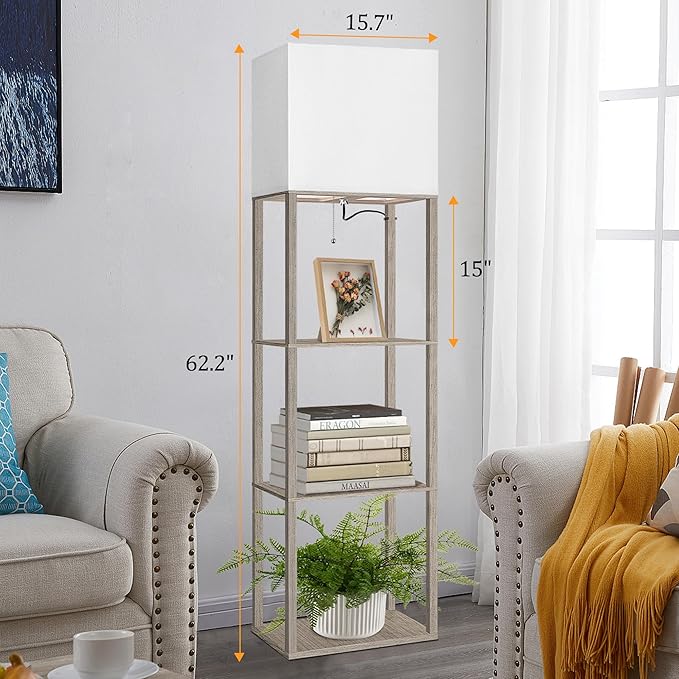 Dott Arts Floor Lamp with Shelves, Wide Floor Lamps for Living Room Display Shelf Lamps with 3 Color LED Bulb,Storage Wood Modern Floor Lamp for Bedroom Standing Lamp for Living Room Office（Grey）