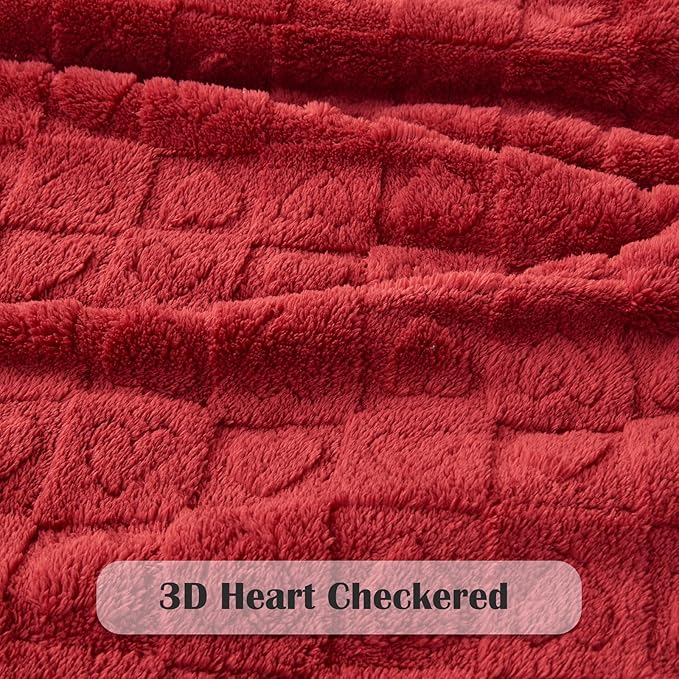 NEWCOSPLAY Super Soft Queen Blanket Red Premium Silky Flannel Fleece 3D Heart Checkered Lightweight Bed Blanket All Season Use (Red Heart, Queen(90"x90"))