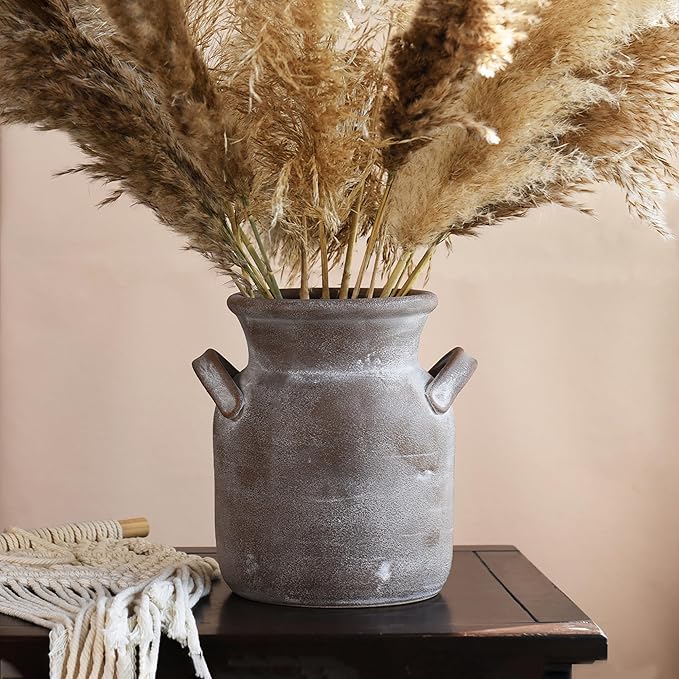 Quoowiit Ceramic Rustic Farmhouse Vase, Distressed Decorative Flower Vases for Home Decor, Ideal Shelf Decor, Brown Boho Vase for Living Room Bedroom Kitchen Office Decor Centerpiece Table Decorations