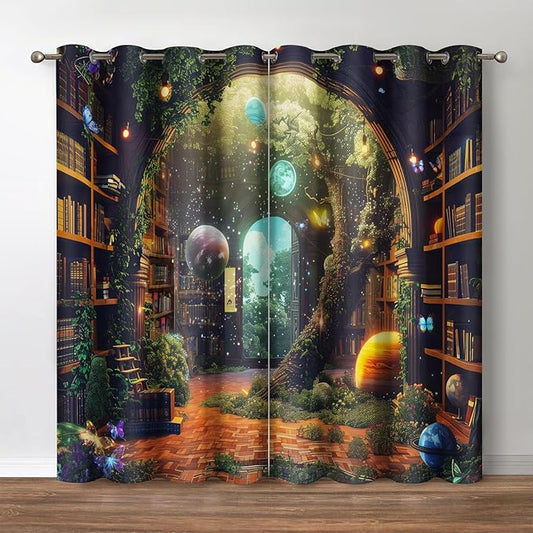 Jekeno Vintage Bookshelf Blackout Curtains Books Bookcase Mysterious Tree Flowers Planet Starry Sky Decor for Bedroom Study Classroom Living Room Darkening Grommet Window Drapes 2 Panel Set, 42"x63"
