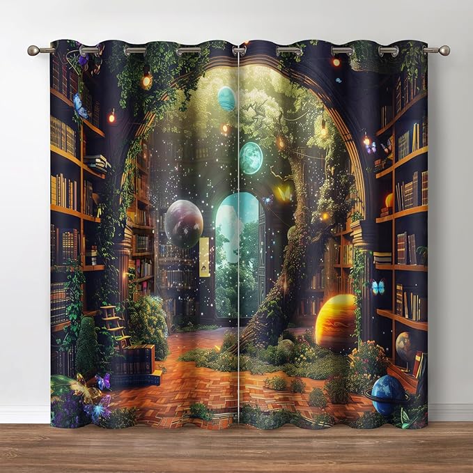 Jekeno Vintage Bookshelf Blackout Curtains Books Bookcase Mysterious Tree Flowers Planet Starry Sky Decor for Bedroom Study Classroom Living Room Darkening Grommet Window Drapes 2 Panel Set, 52"x63"