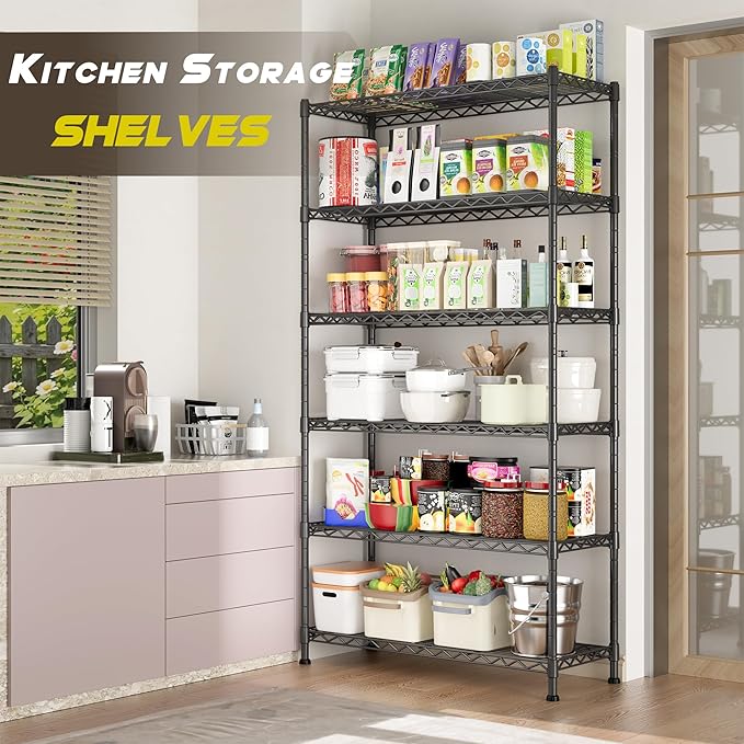 GIOTORENT 6-Wire Garage Shelving Storage Shelves, Metal Shelf Organizer 2100Lbs Capacity, Kitchen Storage Adjustable Shelf for Laundry Bathroom Pantry Closet, Black 36.2''W x 14''D x 72.4''H