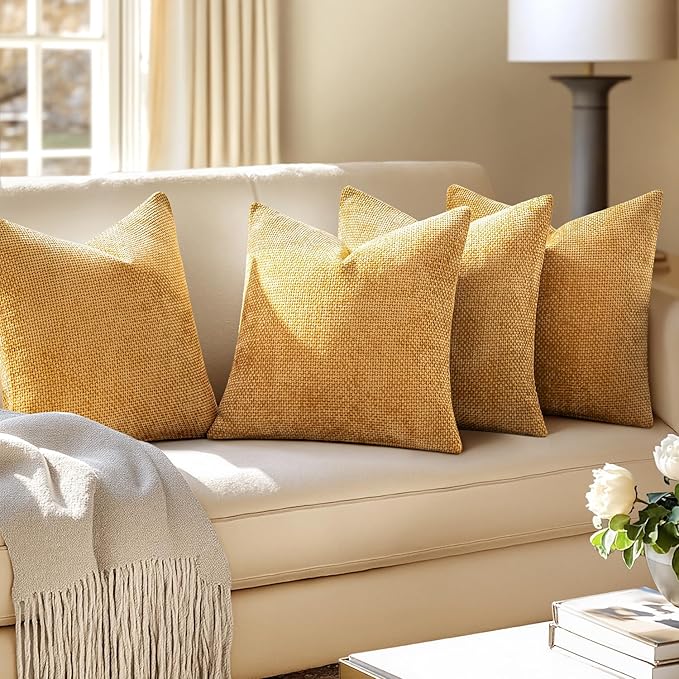 MIULEE Pack of 4 Couch Throw Pillow Covers 20x20 Inch Gold Soft Decorative Chenille Pillow Covers Farmhouse Accent Cushion Covers for Boho Home Decor Sofa Bedroom Living Room